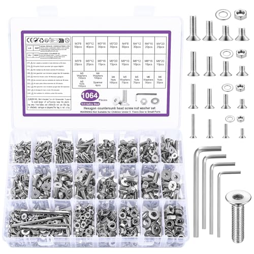 1064 STK M3 M4 M5 M6 Schrauben Set, Senkkopfschrauben Muttern Set, Flachkopf Innensechskantschrauben mit Muttern Set, Maschinenschrauben mit Unterlegscheiben Set, Gewindeschrauben und Muttern Set von BATENGKEJI