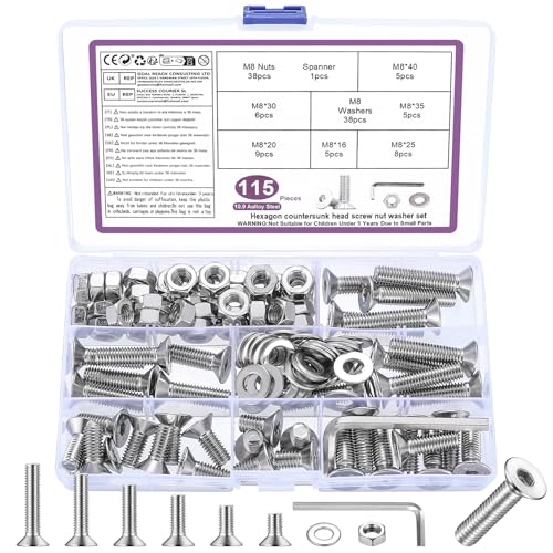 115 STK M8 Schrauben Set, M8 Senkkopfschrauben Set, Flachkopf Innensechskantschrauben Muttern Set, Maschinenschrauben mit Muttern Set, Gewindeschrauben und Muttern Sortiment mit Unterlegscheiben Set von BATENGKEJI
