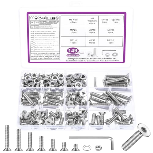 149 STK M6 Schrauben Set, M6 Senkkopfschrauben Set, Flachkopf Innensechskantschrauben Muttern Set, Maschinenschrauben mit Muttern Set, Gewindeschrauben und Muttern Sortiment mit Unterlegscheiben Set von BATENGKEJI