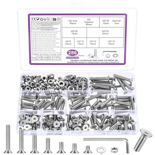 286 STK M5 Schrauben Set, M5 Senkkopfschrauben Set, Flachkopf Innensechskantschrauben Muttern Set, Maschinenschrauben mit Muttern Set, Gewindeschrauben und Muttern Sortiment mit Unterlegscheiben Set 286 STK M5 Schrauben Set, M5 Senkkopfschrauben Set, Flachkopf Innensechskantschrauben Muttern Set, Maschinenschrauben mit Muttern Set, Gewindeschrauben und Muttern Sortiment mit Unterlegscheiben Set von BATENGKEJI