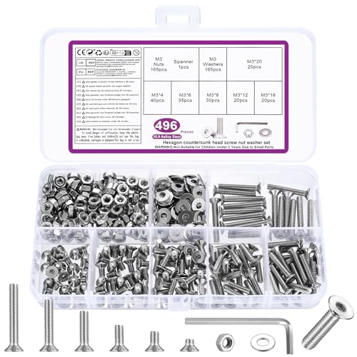 496 STK M3 Schrauben Set, M3 Senkkopfschrauben Set, Flachkopf Innensechskantschrauben Muttern Set, Maschinenschrauben mit Muttern Set, Gewindeschrauben und Muttern Sortiment mit Unterlegscheiben Set 496 STK M3 Schrauben Set, M3 Senkkopfschrauben Set, Flachkopf Innensechskantschrauben Muttern Set, Maschinenschrauben mit Muttern Set, Gewindeschrauben und Muttern Sortiment mit Unterlegscheiben Set von BATENGKEJI