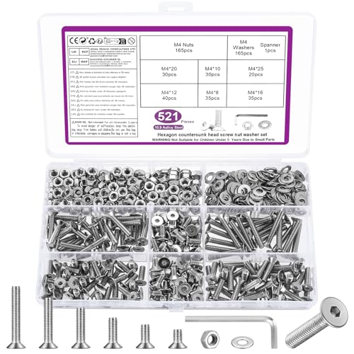 521 STK M4 Schrauben Set, M4 Senkkopfschrauben Set, Flachkopf Innensechskantschrauben Muttern Set, Maschinenschrauben mit Muttern Set, Gewindeschrauben und Muttern Sortiment mit Unterlegscheiben Set von BATENGKEJI