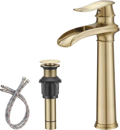 BATHLAVISH Gebürsteter goldener Wasserhahn, 1 Loch, Wasserfall-Einhebel-Badezimmer-Wasserhahn, Badezimmer-Wasserhahn, hoher Gefäß-Wasserhahn mit Pop-Up-Ablauf und Wasserzufuhrleitung von BATHLAVISH