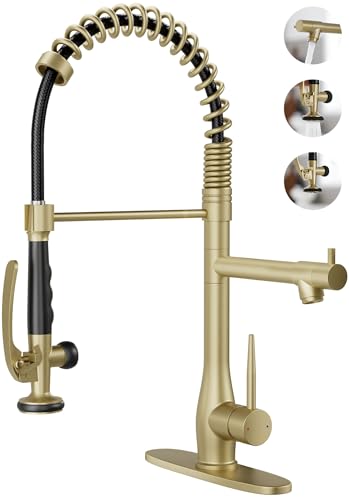 BATHLAVISH Kommerzielle Küchenspüle-Armatur mit Hochdruck-Sprühkopf, 2 Funktionen, Edelstahl-Feder, Einhand-Küchenarmaturen mit Deckplatte, 2 Zuleitungen, gebürstetes Gold BATHLAVISH Kommerzielle Küchenspüle-Armatur mit Hochdruck-Sprühkopf, 2 Funktionen, Edelstahl-Feder, Einhand-Küchenarmaturen mit Deckplatte, 2 Zuleitungen, gebürstetes Gold von BATHLAVISH