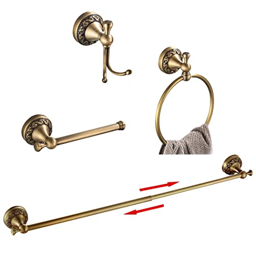 BATHSIR Antikes MessingHandtuchstangenSet, verstellbares Badezimmerzubehör beinhaltet erweiterbaren Handtuchhalter Toilettenpapierhalter Handtuchring Bademantel Haken Retro geschnitzt Stil Hardware von BATHSIR