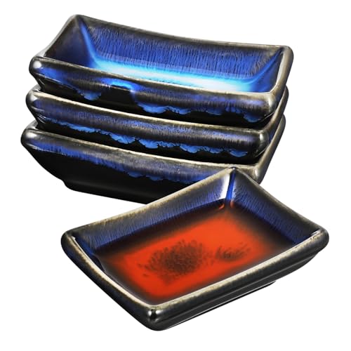 BATHVEVE 4 Stück Teiliges Japanischer Saucenschalen Keramik Dip Schalen für Sojasauce Snacks und Beilagen Blauer Glasiert Vielseitig Einsetzbar und Leicht zu Reinigen von BATHVEVE
