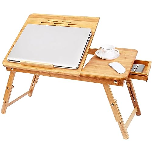 BATHWA Bambus Laptoptisch für Bett, höhenverstellbar Faltbare Betttisch Lapdesks mit Schublade für Lesen oder Frühstück 55 x 35 x 29 cm von BATHWA