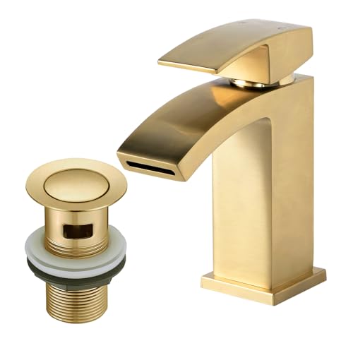 Wasserfall Waschbecken Armaturen mit Ablaufgarnitur, BATHWEST Quadratische Waschtischarmaturen mit Pop-Up-Ablaufgarnitur, Monoblock-Messing-Badezimmerarmaturen mit Waschbeckenstöpsel 322X (Gold, Groß) Wasserfall Waschbecken Armaturen mit Ablaufgarnitur, BATHWEST Quadratische Waschtischarmaturen mit Pop-Up-Ablaufgarnitur, Monoblock-Messing-Badezimmerarmaturen mit Waschbeckenstöpsel 322X (Gold, Groß) von BATHWEST