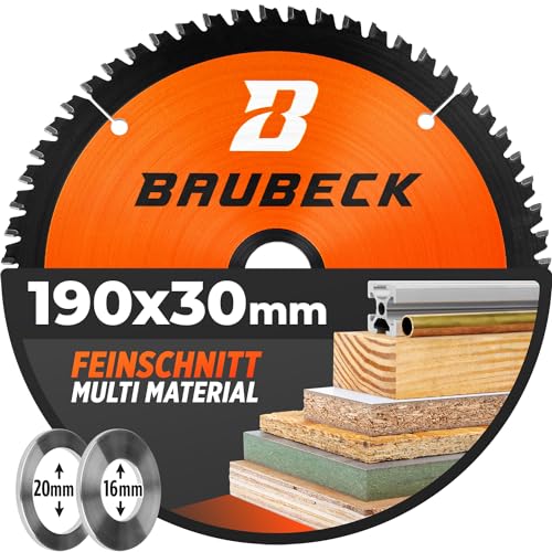 BAUBECK Sägeblatt 190x30 inkl. 20mm/16mm Reduzierringe - Multi Material Feinschnitt - Kreissägeblatt 190x30 für Holz, Aluminium uvm. - Sägeblatt 190x20 und Sägeblatt 190x16 von BAUBECK