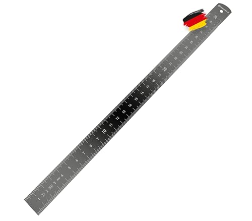 BAUHELD® Metall-Lineal 300mm [EG-1] - Maßstab mit Messskala in INCH und CM [Made in Germany] - Robustes Anreiß-Lineal aus eloxiertem Aluminium - 30 cm mit praktischer Aufhängelochung - Schwarz von BAUHELD
