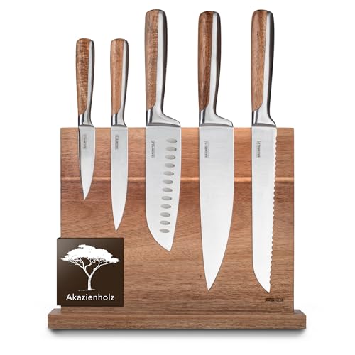 BAUMFELD 6 Teiliges Messerblock Set - Premium Edelstahl - Küchenmesser inkl. magnetischem Messerblock aus edlem Akazienholz Profi Kuechenmesser Set (Edelstahl) von BAUMFELD