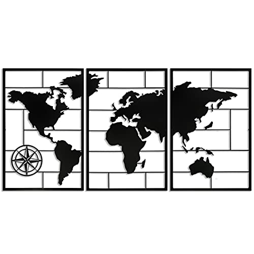 Metall-Weltkarte Wandkunst – 3 Stück große Metall-Wanddekoration, Metall, moderne Wanddekoration, Metall-Wandkunst für Wohnzimmer, Büro, Kabinenhaus, Hauseinweihungsgeschenke (119.9 x 61 cm) von BAUPOR