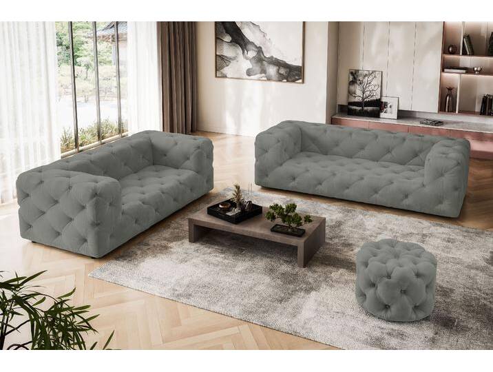 3-Sitzer PLACES OF STYLE FOLLINA , grau (hellgrau), B:226cm H:71cm T:100cm, 100% Polyester, Sofas, 3-Sitzer Sofa mit klassischer Chesterfield-Knopfheftung von BAUR