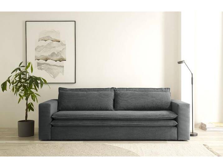 3-Sitzer PLACES OF STYLE PIAGGE , grau (anthrazit), B:244cm H:82cm T:95cm, Sofas, Cord-Bezug - mit Bettfunktion und Bettkasten, mit praktischem Topper von BAUR