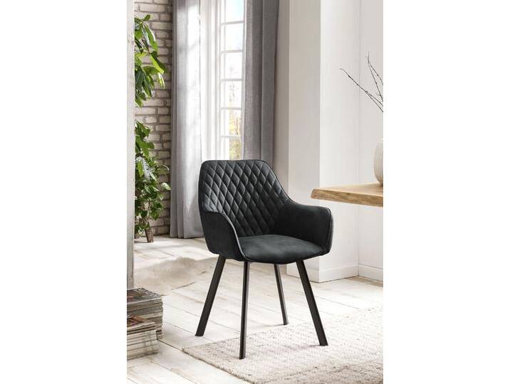 Armlehnstuhl SALESFEVER Cardiff Bequemer Esszimmerstuhl , grau (anthrazit, schwarz), B:57,5cm H:84cm T:59cm, Polyester, Stühle, Edles Doppelset: Rückenlehnen mit charmanter Rautensteppung von BAUR