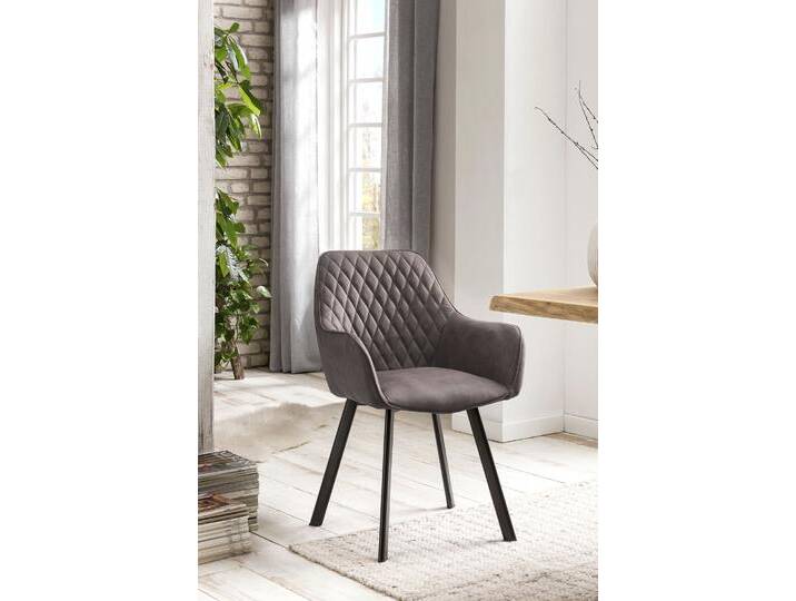 Armlehnstuhl SALESFEVER Cardiff Bequemer Esszimmerstuhl , grau (taupe, schwarz), B:57,5cm H:84cm T:59cm, Polyester, Stühle, Edles Doppelset: Rückenlehnen mit charmanter Rautensteppung von BAUR