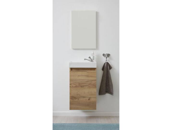 Badmöbel-Set WELLTIME Oslo 2-teilig , braun (artisan eiche), B:40cm H:68cm T:22cm, Floatglas, Keramik, MDF, Spanplatte, Kastenmöbel-Sets, Waschtisch mit Waschbecken und Spiegel Breite 40cm, Gästewaschtisch von BAUR