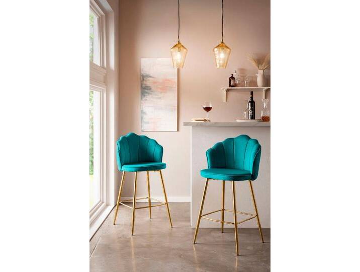 Barhocker SALESFEVER Clam Barstuhl mit Stil , grün (grün, gold), B:52cm H:100cm T:54cm, Samt (100% Polyester), Metall, Hocker, Extravagantes Muscheldesign im praktischen 2er Set von BAUR