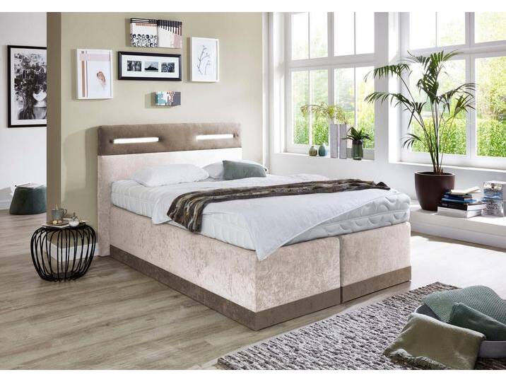 Boxspringbett, beige (dunkelbeige, beige), Kaltschaum-Topper, Liegefläche B/L: 140cm x 200cm, H3, 7-Zonen-Kaltschaummatratze, Bezug Obermatratze 100% Polyester, waschbar bis 60u00b0C, Bezug Unterbox und Kopfteil: Mikrofaservelours (100% Polyester), WESTFALIA SCHLAFKOMFORT, Komplettbetten, Boxspringbett, mit LED-Beleuchtung von BAUR