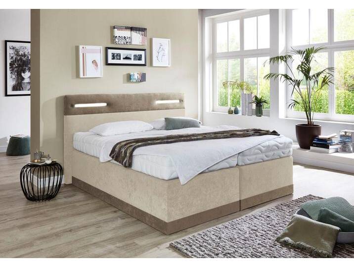 Boxspringbett, beige (dunkelbeige, beige), Kaltschaum-Topper, Liegefläche B/L: 180cm x 200cm, H2, Bonnell-Federkernmatratze, Bezug Obermatratze 100% Polyester, waschbar bis 60u00b0C, Bezug Unterbox und Kopfteil: Mikrofaservelours (100% Polyester), WESTFALIA SCHLAFKOMFORT, Komplettbetten, Boxspringbett, mit LED-Beleuchtung von BAUR