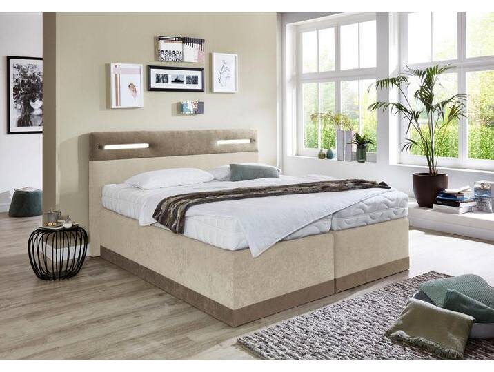 Boxspringbett, beige (dunkelbeige, beige), Ohne Topper, Liegefläche B/L: 180cm x 200cm, H2 + H2, 7-Zonen-Kaltschaummatratze, Bezug Obermatratze 100% Polyester, waschbar bis 60C;Bezug Unterbox und Kopfteil: Mikrofaservelours (100% Polyester), WESTFALIA SCHLAFKOMFORT, Komplettbetten, Boxspringbett, mit LED-Beleuchtung von BAUR