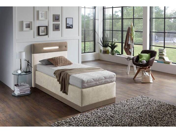 Boxspringbett, beige (dunkelbeige, beige), Ohne Topper, Liegefläche B/L: 90cm x 200cm, H2, 7-Zonen-Kaltschaummatratze, Bezug Obermatratze 100% Polyester, waschbar bis 60u00b0C, Bezug Unterbox und Kopfteil: Mikrofaservelours (100% Polyester), WESTFALIA SCHLAFKOMFORT, Komplettbetten, Boxspringbett, mit LED-Beleuchtung von BAUR
