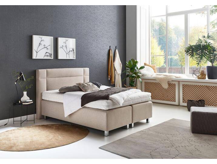 Boxspringbett, beige (feinstrukturstoff sand), Kaltschaum-Topper, Liegefläche B/L: 140cm x 200cm, H3, 5-Zonen-Tonnentaschen-Federkernmatratze, Bezug Unterbox und Kopfteil: Feinstrukturstoff (77% Polyester, 23% Viskose), Bezug Obermatratze 100% Polyester, waschbar bis 60u00b0C, WESTFALIA SCHLAFKOMFORT, Komplettbetten, Boxspringbett, in diversen Ausführungen von BAUR