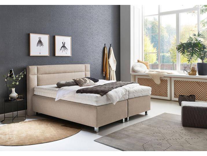 Boxspringbett, beige (feinstrukturstoff sand), Kaltschaum-Topper, Liegefläche B/L: 180cm x 200cm, H3, 5-Zonen-Tonnentaschen-Federkernmatratze, Bezug Unterbox und Kopfteil: Feinstrukturstoff (77% Polyester, 23% Viskose), Bezug Obermatratze 100% Polyester, waschbar bis 60u00b0C, WESTFALIA SCHLAFKOMFORT, Komplettbetten, Boxspringbett, in diversen Ausführungen von BAUR