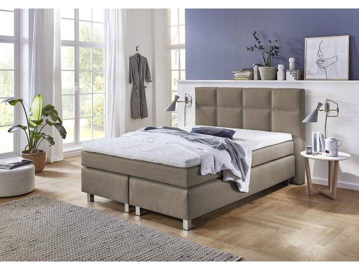 Boxspringbett, beige (schwarz, beige), B:155cm L:210cm, Bezug Bett: Feinstruktur 100% Polyester, Bezug Bonnell-Federkernmatratze: 100% Polyester, Bezug Kaltschaummatratze: 100% Polyester, Bezug Tonnentaschenfederkernmatratze: 80% Baumwolle, 20%Polyester, Topper: Komfortschaum mit Bezug 100% Polyester, WESTFALIA SCHLAFKOMFORT, Komplettbetten, Boxspringbett, mit Topper von BAUR