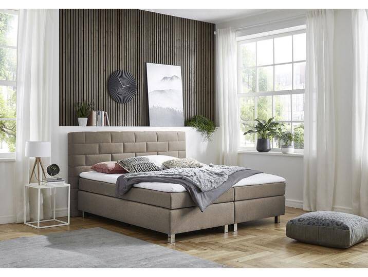 Boxspringbett, beige (schwarz, beige), B:215cm L:210cm, Bezug Bett: Feinstruktur 100% Polyester;Bezug Bonnell-Federkernmatratze: 100% Polyester;Bezug Kaltschaummatratze: 100% Polyester;Bezug Tonnentaschenfederkernmatratze: 80% Baumwolle, 20%Polyester;Topper: Komfortschaum mit Bezug 100% Polyester, WESTFALIA SCHLAFKOMFORT, Komplettbetten, Boxspringbett, mit Topper von BAUR