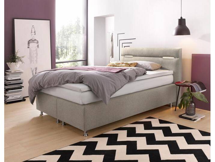 Boxspringbett, beige (struktustoff dunkelbeige), mit LED-Beleuchtung, Liegefläche B/L: 140cm x 200cm, H3, Bonnell-Federkernmatratze, Bezug Unterbox und Kopfteil: Strukturstoff (77% Polyester und 23% Viskose), Bezug Obermatratze 100% Polyester, waschbar bis 60u00b0C, WESTFALIA SCHLAFKOMFORT, Komplettbetten, Boxspringbett, wahlweise mit LED-Beleuchtung von BAUR