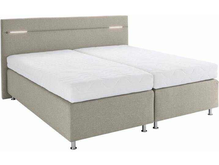 Boxspringbett, beige (struktustoff dunkelbeige), mit LED-Beleuchtung, Liegefläche B/L: 200cm x 200cm, H2, 7-Zonen-Kaltschaummatratze, Bezug Unterbox und Kopfteil: Strukturstoff (77% Polyester und 23% Viskose), Bezug Obermatratze 100% Polyester, waschbar bis 60u00b0C, WESTFALIA SCHLAFKOMFORT, Komplettbetten, Boxspringbett, wahlweise mit LED-Beleuchtung von BAUR