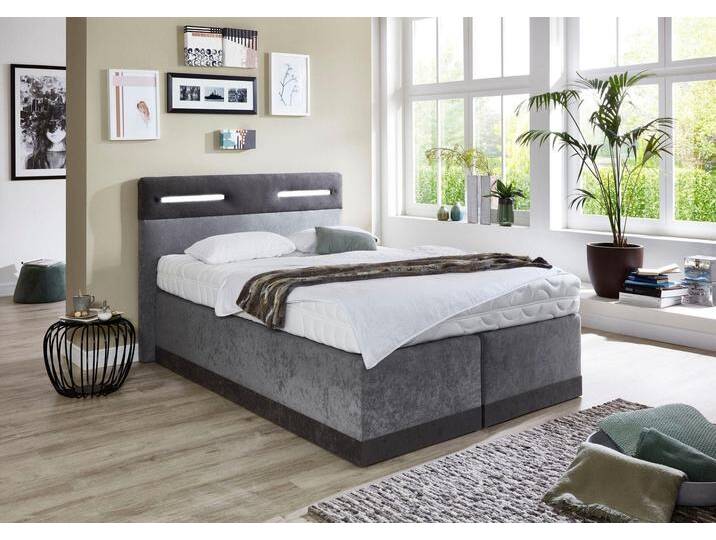 Boxspringbett, grau (anthrazit, grau), Kaltschaum-Topper, Liegefläche B/L: 140cm x 200cm, H3, Bonnell-Federkernmatratze, Bezug Obermatratze 100% Polyester, waschbar bis 60u00b0C, Bezug Unterbox und Kopfteil: Mikrofaservelours (100% Polyester), WESTFALIA SCHLAFKOMFORT, Komplettbetten, Boxspringbett, mit LED-Beleuchtung von BAUR