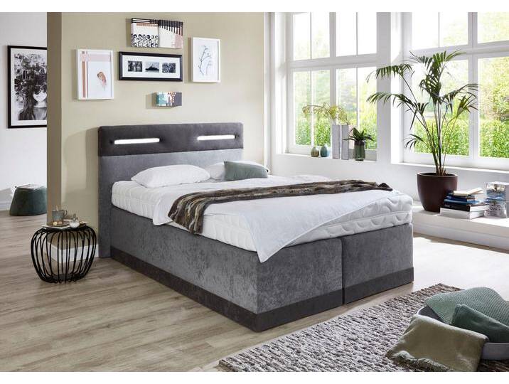 Boxspringbett, grau (anthrazit, grau), Ohne Topper, Liegefläche B/L: 140cm x 200cm, H3, 5-Zonen-Tonnentaschen-Federkernmatratze, Bezug Obermatratze 100% Polyester, waschbar bis 60u00b0C, Bezug Unterbox und Kopfteil: Mikrofaservelours (100% Polyester), WESTFALIA SCHLAFKOMFORT, Komplettbetten, Boxspringbett, mit LED-Beleuchtung von BAUR