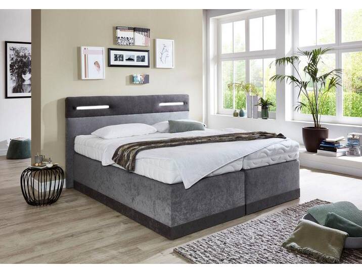 Boxspringbett, grau (anthrazit, grau), Ohne Topper, Liegefläche B/L: 180cm x 200cm, H3, 5-Zonen-Tonnentaschen-Federkernmatratze, Bezug Obermatratze 100% Polyester, waschbar bis 60u00b0C, Bezug Unterbox und Kopfteil: Mikrofaservelours (100% Polyester), WESTFALIA SCHLAFKOMFORT, Komplettbetten, Boxspringbett, mit LED-Beleuchtung von BAUR