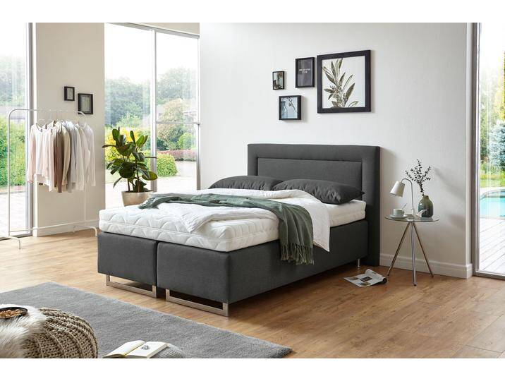 Boxspringbett, grau (feinstrukturstoff anthrazit), Liegefläche B/L: 140cm x 200cm, H3, 5-Zonen-Tonnentaschen-Federkernmatratze, Bezug Unterbox und Kopfteil: Feinstrukturstoff (77% Polyester, 23% Viskose), Bezug Obermatratze 100% Polyester, waschbar bis 60u00b0C, Bezug Zierkissen Feinstrukturstoff (77% Polyester, 23% Viskose), WESTFALIA SCHLAFKOMFORT, Komplettbetten, Boxspringbett, mit Zierkissen und verchromten Kufen, in diversen Ausführungen von BAUR