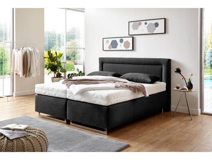 Boxspringbett, grau (feinstrukturstoff anthrazit), Liegefläche B/L: 180cm x 200cm, H3, 7-Zonen-Kaltschaummatratze, Bezug Unterbox und Kopfteil: Feinstrukturstoff (77% Polyester, 23% Viskose), Bezug Obermatratze 100% Polyester, waschbar bis 60u00b0C, Bezug Zierkissen Feinstrukturstoff (77% Polyester, 23% Viskose), WESTFALIA SCHLAFKOMFORT, Komplettbetten, Boxspringbett, mit Zierkissen und verchromten Kufen, in diversen Ausführungen von BAUR