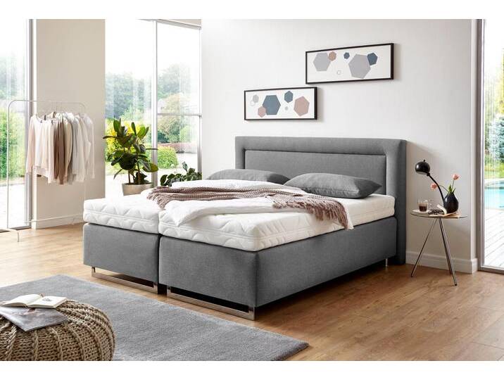 Boxspringbett, grau (feinstrukturstoff grau), Liegefläche B/L: 180cm x 200cm, H2, 7-Zonen-Kaltschaummatratze, Bezug Unterbox und Kopfteil: Feinstrukturstoff (77% Polyester, 23% Viskose);Bezug Obermatratze 100% Polyester, waschbar bis 60C;Bezug Zierkissen Feinstrukturstoff (77% Polyester, 23% Viskose), WESTFALIA SCHLAFKOMFORT, Komplettbetten, Boxspringbett, mit Zierkissen und verchromten Kufen, in diversen Ausführungen von BAUR