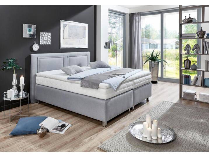 Boxspringbett, grau (hellgrau), Strukturstoff, Liegefläche B/L: 140cm x 200cm, H3, 7-Zonen-Kaltschaummatratze, Bezug Topper 100% Polyester, waschbar bis 60C;Bezug Unterbox und Kopfteil: Strukturstoff (77% Polyester und 23% Viskose);Zierkissen: gefüllt mit Hohlfaser-Polyesterwatte (100% Polyester), Bezug aus 100% Polyester;Bezug Obermatratze 100% Polyester, waschbar bis 60C, WESTFALIA SCHLAFKOMFORT, Komplettbetten, Boxspringbett, inkl. Kaltschaum-Topper und Zierkissen von BAUR