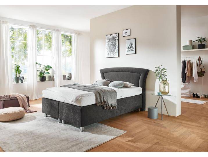 Boxspringbett, grau (mikrovelours anthrazit), Liegefläche B/L: 140cm x 200cm, H3, 5-Zonen-Tonnentaschen-Federkernmatratze, Bezug Unterbox und Kopfteil: Mikrovelours, 100% Polyester, Bezug Obermatratze 100% Polyester, waschbar bis 60u00b0C, WESTFALIA SCHLAFKOMFORT, Komplettbetten, Boxspringbett, in diversen Ausführungen von BAUR