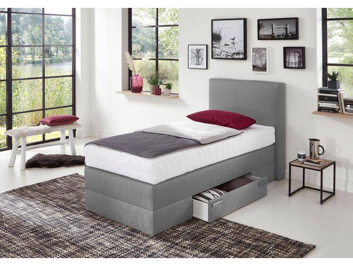 Boxspringbett, grau (strukturstoff grau), Liegefläche B/L: 90cm x 200cm, H3, 5-Zonen-Tonnentaschen-Federkernmatratze, WESTFALIA SCHLAFKOMFORT, Komplettbetten, Boxspringbett, mit Schubkästen und Zierkissen von BAUR