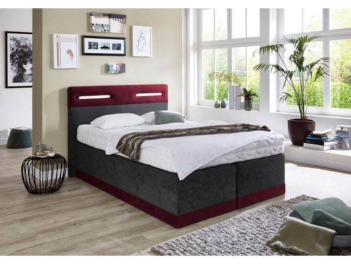 Boxspringbett, rot (bordeaux, anthrazit), Kaltschaum-Topper, Liegefläche B/L: 140cm x 200cm, H3, Bonnell-Federkernmatratze, Bezug Obermatratze 100% Polyester, waschbar bis 60u00b0C, Bezug Unterbox und Kopfteil: Mikrofaservelours (100% Polyester), WESTFALIA SCHLAFKOMFORT, Komplettbetten, Boxspringbett, mit LED-Beleuchtung von BAUR