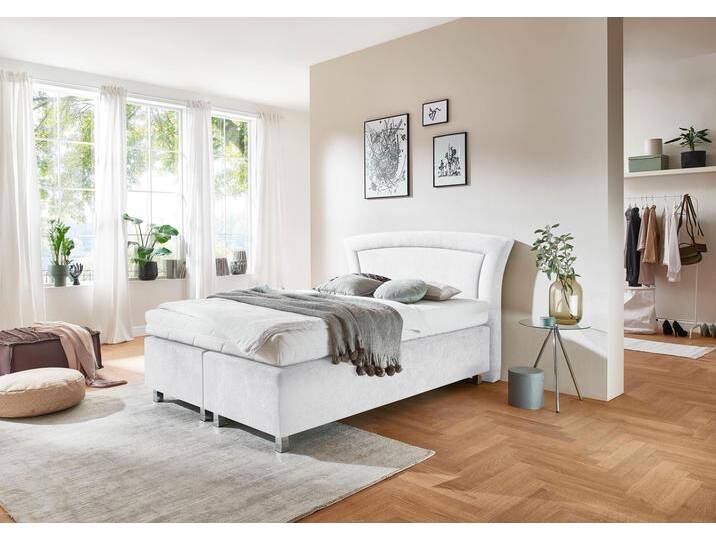 Boxspringbett, weiß (mikrovelours weiß), Liegefläche B/L: 140cm x 200cm, H3, 5-Zonen-Tonnentaschen-Federkernmatratze, Bezug Unterbox und Kopfteil: Mikrovelours, 100% Polyester, Bezug Obermatratze 100% Polyester, waschbar bis 60u00b0C, WESTFALIA SCHLAFKOMFORT, Komplettbetten, Boxspringbett, in diversen Ausführungen von BAUR
