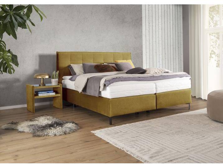 Boxspringbett ALINA Elmar , gelb (curry tcm 105), B:180cm L:209cm, Struktur fein TCM (100% Polyester), Komplettbetten, Boxspringbett, mit gestepptem Kopfteil, inklusive Matratze und Topper von BAUR