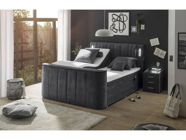 Boxspringbett ED EXCITING DESIGN Dallas , grau (anthrazit, salvador 15 anthrazit), B:186cm L:244cm, 100% Polyester, Komplettbetten, Boxspringbett, inkl. Topper, LED-Beleuchtung, motorisierter TV Halterung und Motor, Topseller von BAUR