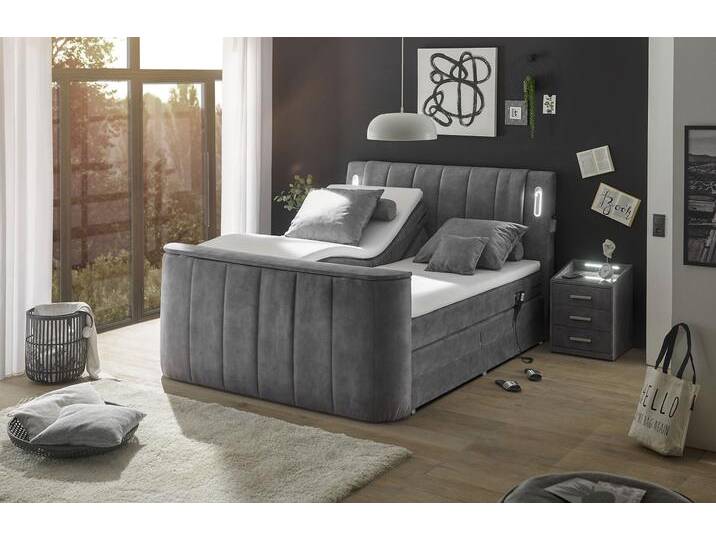 Boxspringbett ED EXCITING DESIGN Dallas , grau (grau, salvador 14 grau), B:186cm L:244cm, 100% Polyester, Komplettbetten, Boxspringbett, inkl. Topper, LED-Beleuchtung, motorisierter TV Halterung und Motor von BAUR