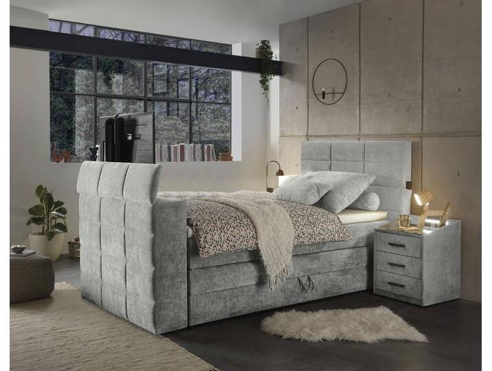 Boxspringbett ED EXCITING DESIGN Denver , grau (grau uran 02 schlamm), L:240cm, 95% Polyester, 5% Nylon, Komplettbetten, Boxspringbett, inkl. 1 bzw. 2 Bettkästen, motorisierte TV-Halterung bis 40 Zoll von BAUR