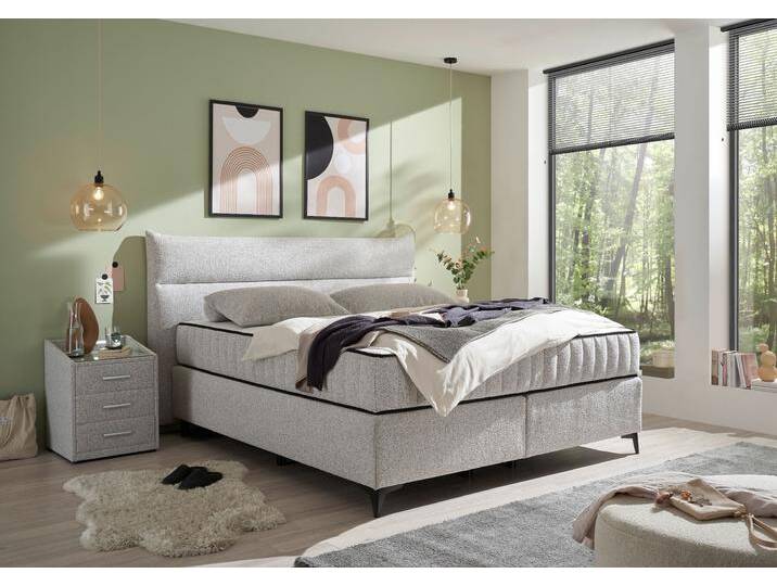 Boxspringbett ED EXCITING DESIGN Vlieland , grau (hellgrau), B:210cm L:214cm, 95% Polyester, 5% Cotton, Komplettbetten, Premium 9-Zonen-Tonnentaschenfederkern Duo-Matratze mit Kokosmatte von BAUR