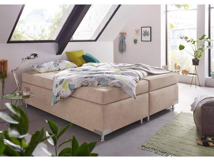Boxspringbett Holland , beige (sand), B:202cm L:201cm, Microvelours (100% Polyester), WESTFALIA SCHLAFKOMFORT, Komplettbetten, Boxspringbett, ohne Kopfteil, frei im Raum stellbar von BAUR