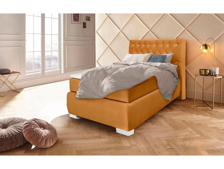 Boxspringbett LEONIQUE Rumba , gold (goldfarben), B:100cm L:213cm, Samtoptik (100% Polyester), Komplettbetten, Boxspringbett Seniorenbett Polsterbett, Taschenfederkern-Matratze in Härtegrad 3, in 4 Breiten, incl. Topper von BAUR
